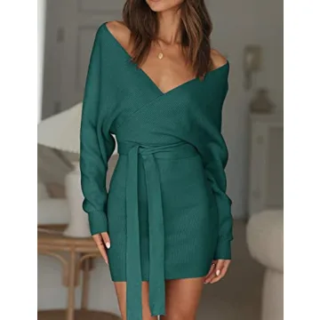 ZESICA Women's Fall Long Batwing Sleeve Wrap V Neck Knitted Backless Bodycon Pullover Sweater Dress with Belt,Green,Medium
