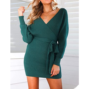 ZESICA Women's Fall Long Batwing Sleeve Wrap V Neck Knitted Backless Bodycon Pullover Sweater Dress with Belt,Green,Medium