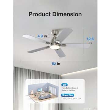 warmiplanet 52 Inch Indoor Ceiling Fans with Lights and Remote Control, 6 Speeds Slient Reversible DC Motor, 3 Color Dimmable LED Light, Timer, Brushed Nickel, 5 Blades