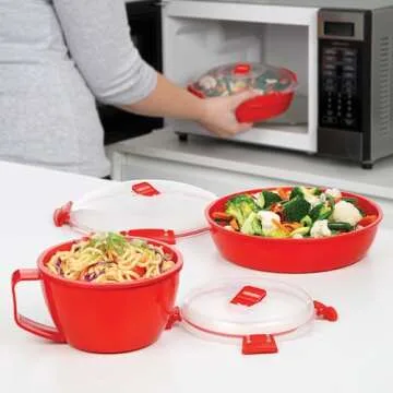 Sistema Microwave Noodle Bowl | 940ml. Microwave Food Container with Steam Release Vent | BPA-Free | Red [1109]