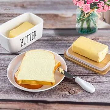Hasense Butter Dish with Lid for Countertop -Ceramic Covered Butter Holder with Knife for Refrigerator, Airtight Butter Keeper Container Storage with Silicone Sealing for East West Coast Butter, White