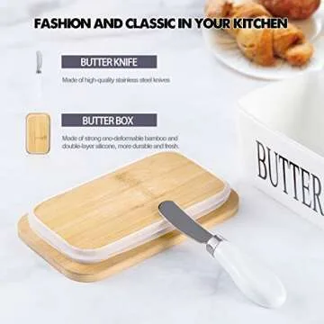 Hasense Butter Dish with Lid for Countertop -Ceramic Covered Butter Holder with Knife for Refrigerator, Airtight Butter Keeper Container Storage with Silicone Sealing for East West Coast Butter, White