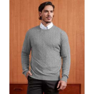 Kallspin Men's Cable Knit Crewneck Sweater Pullovers Wool Blend Relax Fit Knitwear (Light Grey, Larg...