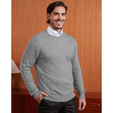 Kallspin Men's Cable Knit Crewneck Sweater Pullovers Wool Blend Relax Fit Knitwear (Light Grey, Large)