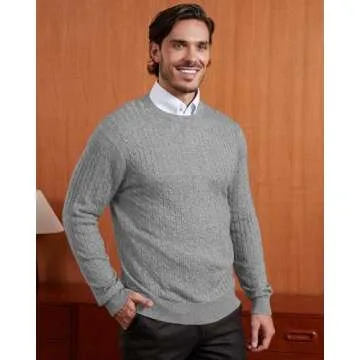 Kallspin Men's Cable Knit Crewneck Sweater Pullovers Wool Blend Relax Fit Knitwear (Light Grey, Large)