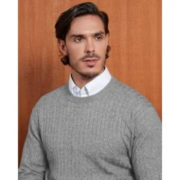 Kallspin Men's Cable Knit Crewneck Sweater Pullovers Wool Blend Relax Fit Knitwear (Light Grey, Large)