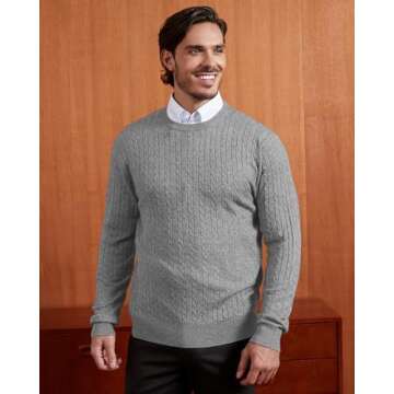 Kallspin Men's Cable Knit Crewneck Sweater Pullovers Wool Blend Relax Fit Knitwear (Light Grey, Large)