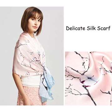 ANDANTINO 100% Mulberry Silk Long Scarf for Women Large Shawls for Headscarf and Neck- Oblong Hair Wraps with Gift Packed (Blue&Pink Branches)