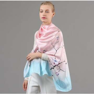 ANDANTINO 100% Mulberry Silk Long Scarf for Women Large Shawls for Headscarf and Neck- Oblong Hair Wraps with Gift Packed (Blue&Pink Branches)