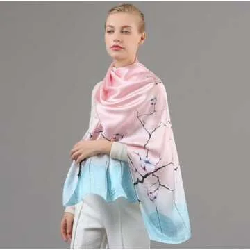 ANDANTINO 100% Mulberry Silk Long Scarf for Women Large Shawls for Headscarf and Neck- Oblong Hair Wraps with Gift Packed (Blue&Pink Branches)