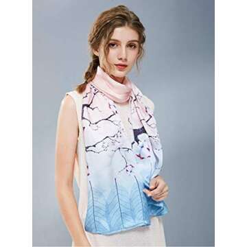 ANDANTINO 100% Mulberry Silk Long Scarf for Women Large Shawls for Headscarf and Neck- Oblong Hair Wraps with Gift Packed (Blue&Pink Branches)