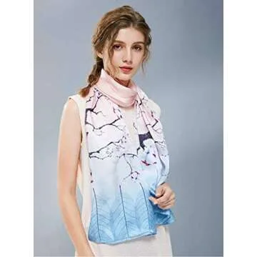 ANDANTINO 100% Mulberry Silk Long Scarf for Women Large Shawls for Headscarf and Neck- Oblong Hair Wraps with Gift Packed (Blue&Pink Branches)