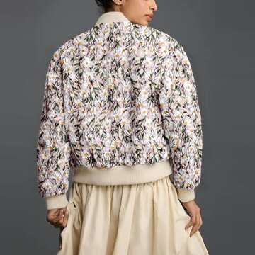 Shiyifa Women's Embroidered Daisy Cropped Bomber Jacket Long Sleeve Zipper Down Cotton Padded Coat O...