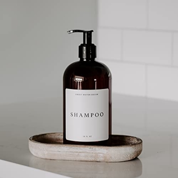 Sweet Water Decor Amber Plastic Jar | Refill Shampoo Dispenser | 16 oz Refillable Bottle with Pump | White Waterproof Label with Black Text | Rustic, Modern, Farmhouse Gift (Shampoo)