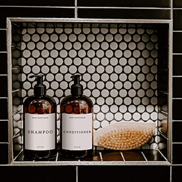 Sweet Water Decor Amber Plastic Jar | Refill Shampoo Dispenser | 16 oz Refillable Bottle with Pump | White Waterproof Label with Black Text | Rustic, Modern, Farmhouse Gift (Shampoo)
