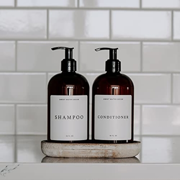 Sweet Water Decor Amber Plastic Jar | Refill Shampoo Dispenser | 16 oz Refillable Bottle with Pump | White Waterproof Label with Black Text | Rustic, Modern, Farmhouse Gift (Shampoo)
