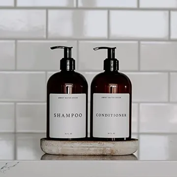 Sweet Water Decor Amber Plastic Jar | Refill Shampoo Dispenser | 16 oz Refillable Bottle with Pump | White Waterproof Label with Black Text | Rustic, Modern, Farmhouse Gift (Shampoo)