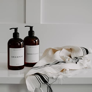 Sweet Water Decor Amber Plastic Jar | Refill Shampoo Dispenser | 16 oz Refillable Bottle with Pump | White Waterproof Label with Black Text | Rustic, Modern, Farmhouse Gift (Shampoo)