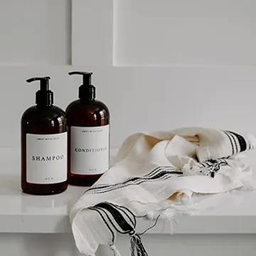 Sweet Water Decor Amber Plastic Jar | Refill Shampoo Dispenser | 16 oz Refillable Bottle with Pump | White Waterproof Label with Black Text | Rustic, Modern, Farmhouse Gift (Shampoo)