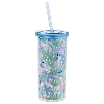 Silver Buffalo Disney Lilo and Stitch Cute Floral and Leaves Pattern Plastic Tall Cold Cup with Lid ...