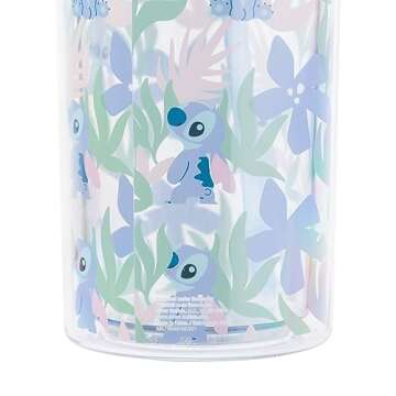 Silver Buffalo Disney Lilo and Stitch Cute Floral and Leaves Pattern Plastic Tall Cold Cup with Lid and Straw, 20 Ounces
