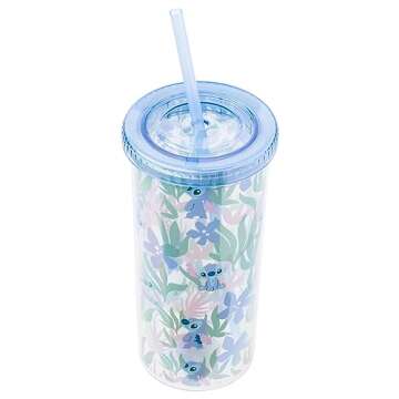 Silver Buffalo Disney Lilo and Stitch Cute Floral and Leaves Pattern Plastic Tall Cold Cup with Lid and Straw, 20 Ounces