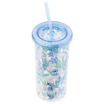 Silver Buffalo Disney Lilo and Stitch Cute Floral and Leaves Pattern Plastic Tall Cold Cup with Lid and Straw, 20 Ounces