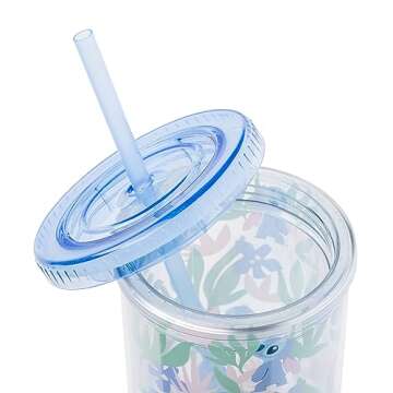 Silver Buffalo Disney Lilo and Stitch Cute Floral and Leaves Pattern Plastic Tall Cold Cup with Lid and Straw, 20 Ounces