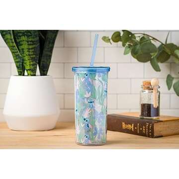 Silver Buffalo Disney Lilo and Stitch Cute Floral and Leaves Pattern Plastic Tall Cold Cup with Lid and Straw, 20 Ounces