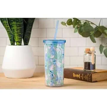 Silver Buffalo Disney Lilo and Stitch Cute Floral and Leaves Pattern Plastic Tall Cold Cup with Lid and Straw, 20 Ounces