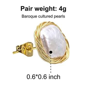 Cowlyn Pearl Stud Earrings Real Baroque Cultured 18K Gold Wrapped Silk Handmade Hypoallergenic Jewelry for Women 0.6" x0.6"
