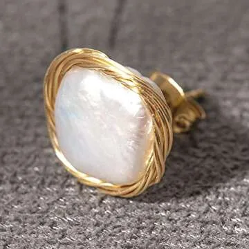 Cowlyn Pearl Stud Earrings Real Baroque Cultured 18K Gold Wrapped Silk Handmade Hypoallergenic Jewelry for Women 0.6" x0.6"