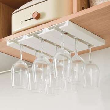 AQJUNONG Wine Glass Holder Under Cabinet，2 Pack Wine Glass Rack - Punch-free Under Cabinet Stemwar...