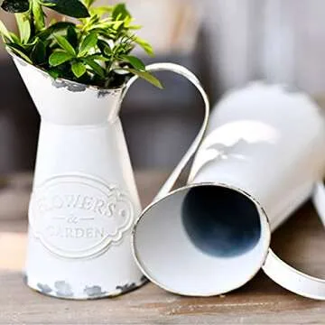 JSY-UP Rustic Metal Flower Vase, White Shabby Chic Vintage Farmhouse Jug Vase,Galvanized Milk Jug Pitcher for Home Decoration - 8.7"