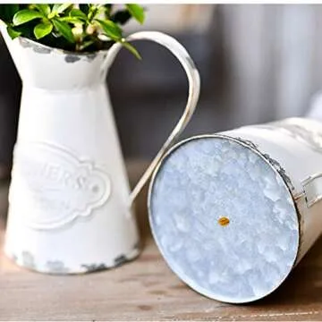 JSY-UP Rustic Metal Flower Vase, White Shabby Chic Vintage Farmhouse Jug Vase,Galvanized Milk Jug Pitcher for Home Decoration - 8.7"