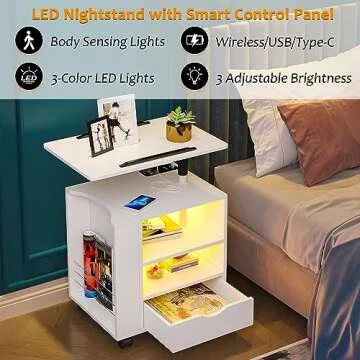 SKKTKT Nightstand with LED Lights & Charging Station