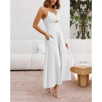 BTFBM Women 2025 Summer Spaghetti Strap Dress Sleeveless V Neck Cutout Slit Casual Beach Party Maxi Dresses with Pockets(Solid White, XX-Large)