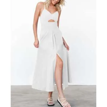BTFBM Women 2025 Summer Spaghetti Strap Dress Sleeveless V Neck Cutout Slit Casual Beach Party Maxi Dresses with Pockets(Solid White, XX-Large)