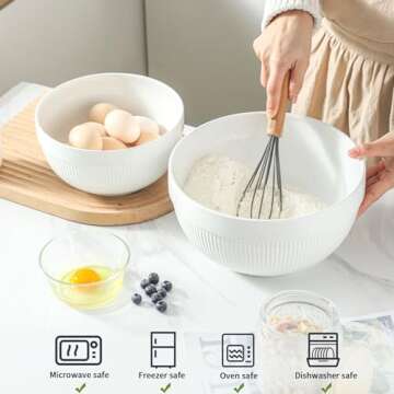 TEAKISS Ceramic Large Mixing Bowls for Kitchen, Set of 2 Big Serving Bowls for Cooking, Popcorn, Salad, Soup, Baking, Dough Bread Making Bowl, 10 inch + 8 inch, White