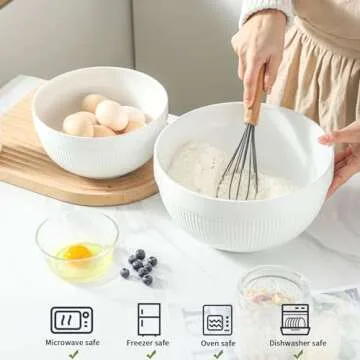 TEAKISS Ceramic Large Mixing Bowls for Kitchen, Set of 2 Big Serving Bowls for Cooking, Popcorn, Salad, Soup, Baking, Dough Bread Making Bowl, 10 inch + 8 inch, White