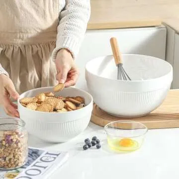 TEAKISS Ceramic Large Mixing Bowls for Kitchen, Set of 2 Big Serving Bowls for Cooking, Popcorn, Salad, Soup, Baking, Dough Bread Making Bowl, 10 inch + 8 inch, White