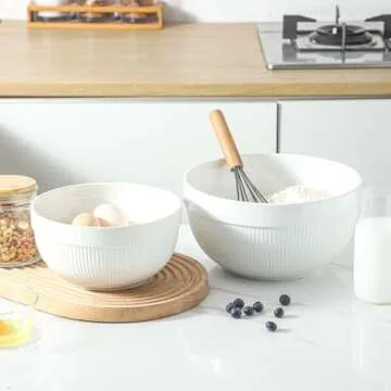 TEAKISS Ceramic Large Mixing Bowls for Kitchen, Set of 2 Big Serving Bowls for Cooking, Popcorn, Salad, Soup, Baking, Dough Bread Making Bowl, 10 inch + 8 inch, White