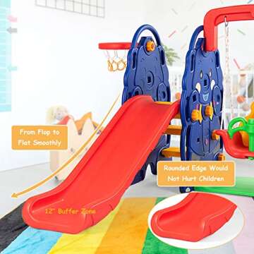 Costzon Toddler Long Slide Set, 4-in-1 Large Climber Playset w/Basketball Hoop, Toss, Thickened Panel, Playground Swing for Indoor Outdoor Backyard 3-10 Gifts Presents