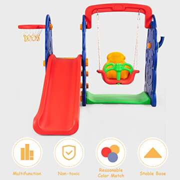 Costzon Toddler Long Slide Set, 4-in-1 Large Climber Playset w/Basketball Hoop, Toss, Thickened Panel, Playground Swing for Indoor Outdoor Backyard 3-10 Gifts Presents