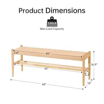 XINNAN Solid Wood Entryway Bench With Shoe Storage, Rustic Oak and Woven Design 45 Inch Long Seating...