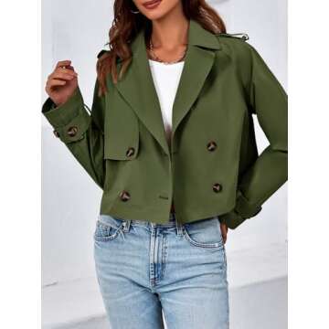 Tankaneo Womens Cropped Trench Coat Lapel Double Breasted Short Jacket Outwear
