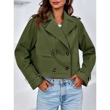 Tankaneo Womens Cropped Trench Coat Lapel Double Breasted Short Jacket Outwear