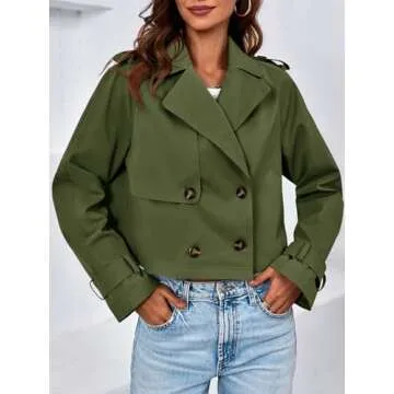 Tankaneo Womens Cropped Trench Coat Lapel Double Breasted Short Jacket Outwear