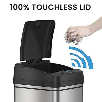 iTouchless 13 Gallon Stainless Steel Automatic Garbage Can with AbsorbX Filter, Big Lid Opening Sens...