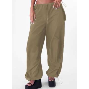 ONIRIKE Womens Parachute Pants Drawstring Elastic Low Waist Sweatpants Loose Baggy Y2K Cargo Pants T...